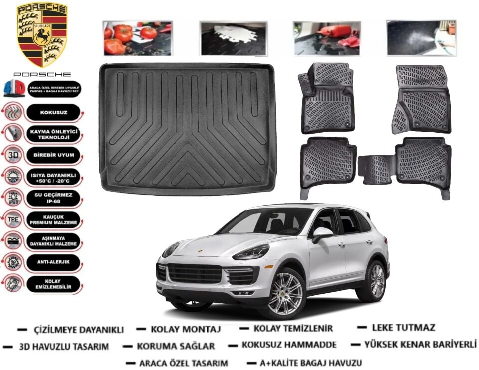 Porsche Cayenne 2011-2017 3D Bagaj Havuzu+3D Havuzlu Araca Özel Paspas Takımı