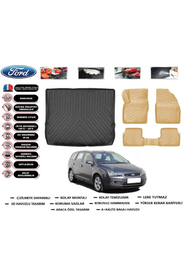 Ford Focus 2 STW 2010 Model Bagaj Havuzu+Araca Özel Bej Paspas Takımı Flex