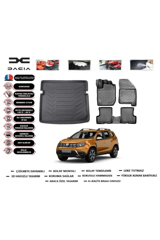 Dacia Duster 4 WD (4x4) 2019 Model Bagaj Havuzu Araca Özel Paspas Takımı Prrox