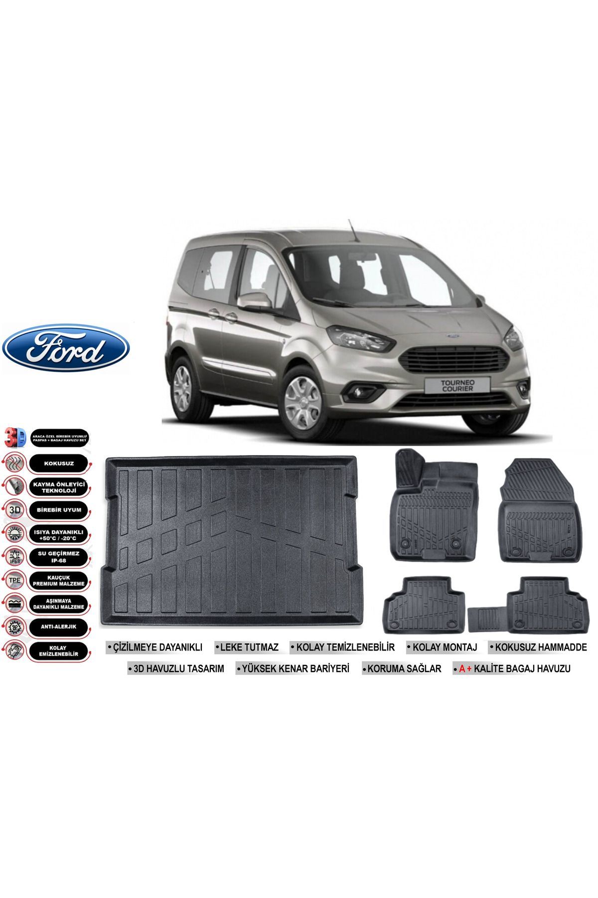 Ford Courier 2015 Model Bagaj Havuzu Araca Özel Siyah Extra Havuzlu Paspas Takımı
