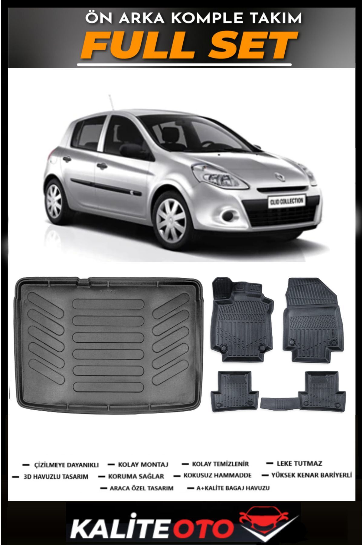 Renault Clio 3 Kancasız Bagaj Havuzu+4.5D Havuzlu Paspas Seti 2006 Model