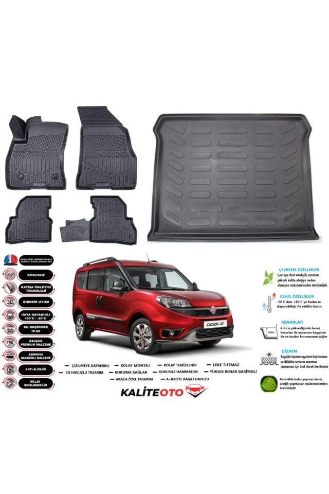 Fiat Doblo 2020 Model Esnek Bagaj Havuzu Araca Özel Siyah Paspas Takımı