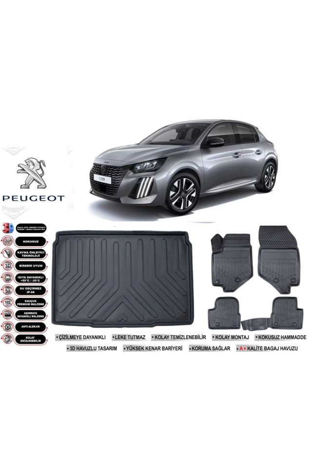 Peugeot 208 2023 Model Bagaj Havuzu Araca Özel Siyah Kokusuz Havuzlu Paspas Takımı