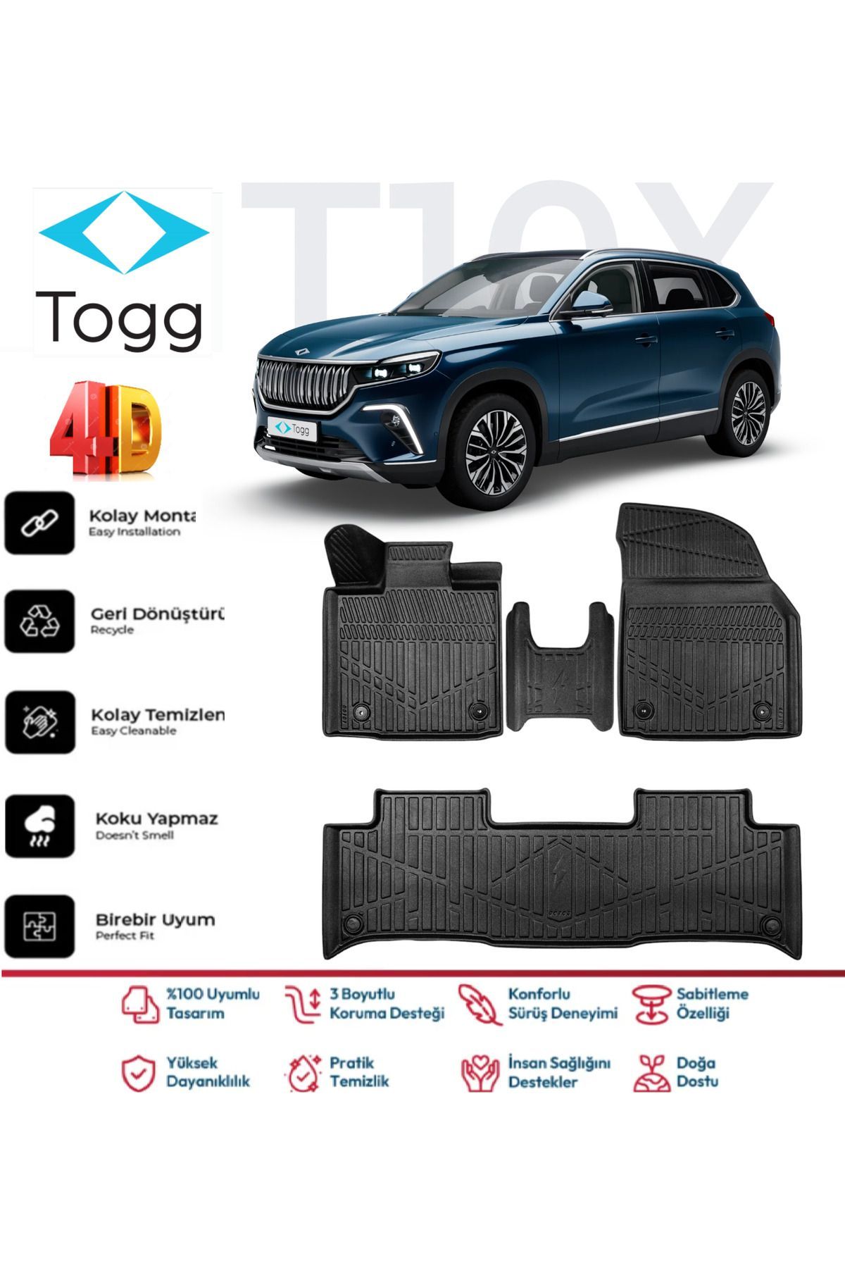 TOGG T10X 2023 Ve Sonrası 4.5D Plus Havuzlu Siyah Paspas Takımı Yumuşak