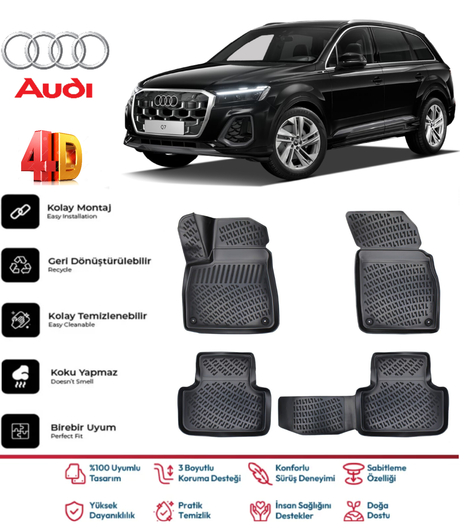 Audi Q7 2016 Sonrası ARACA ÖZEL ÜRETİM TAM UYUMLU 4.5D Havuzlu Paspas