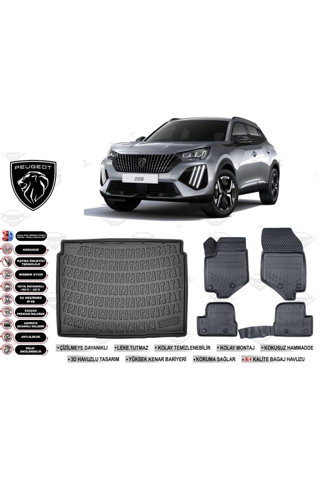 Peugeot 2008 2020 Model Üst Bagaj Havuzu Araca Özel Siyah Kokusuz Havuzlu Paspas Takımı