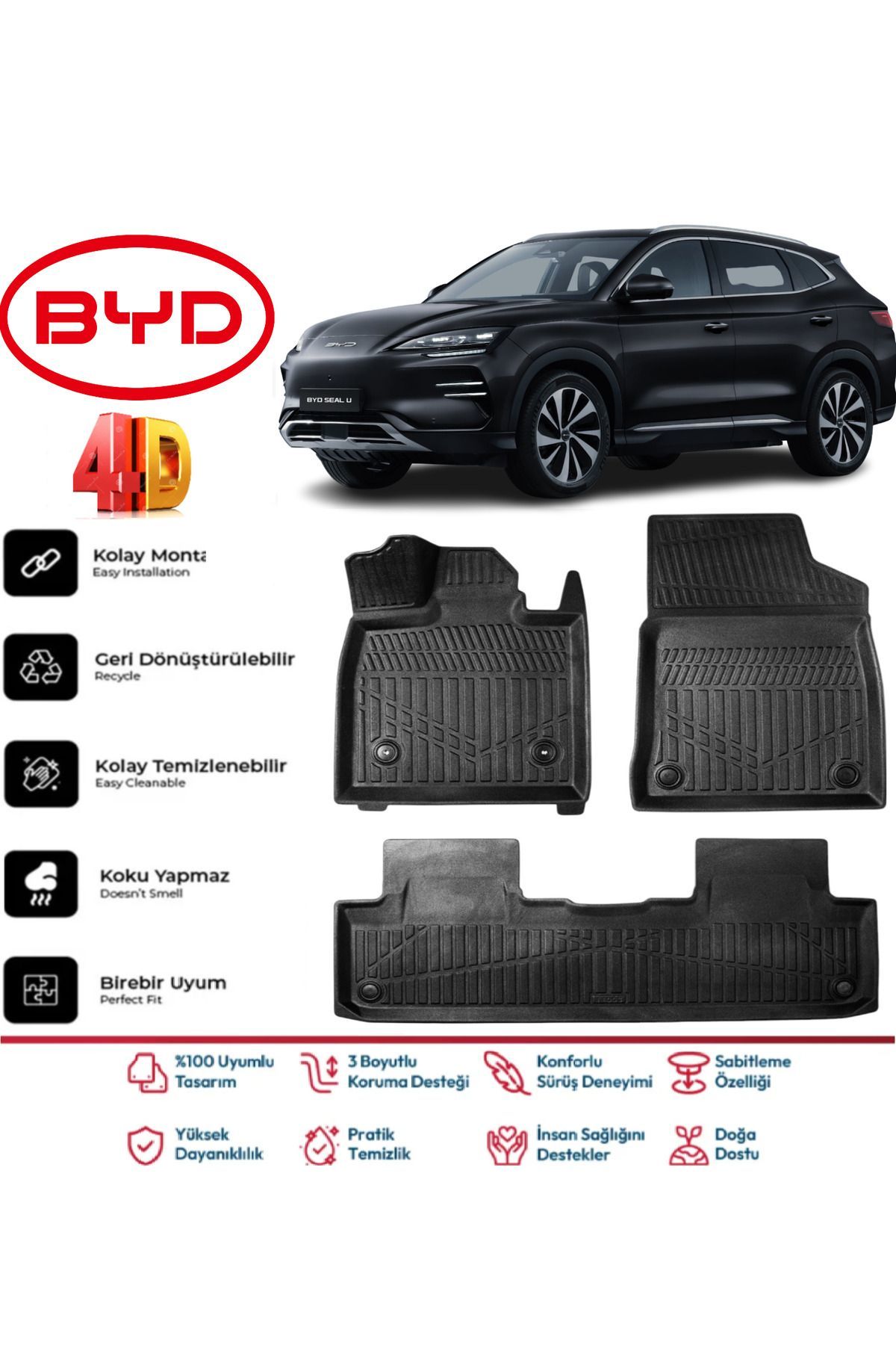 BYD Seal-u EV 2023 Ve Sonrası 4.5D Premium Havuzlu Siyah Paspas Takımı Kokusuz
