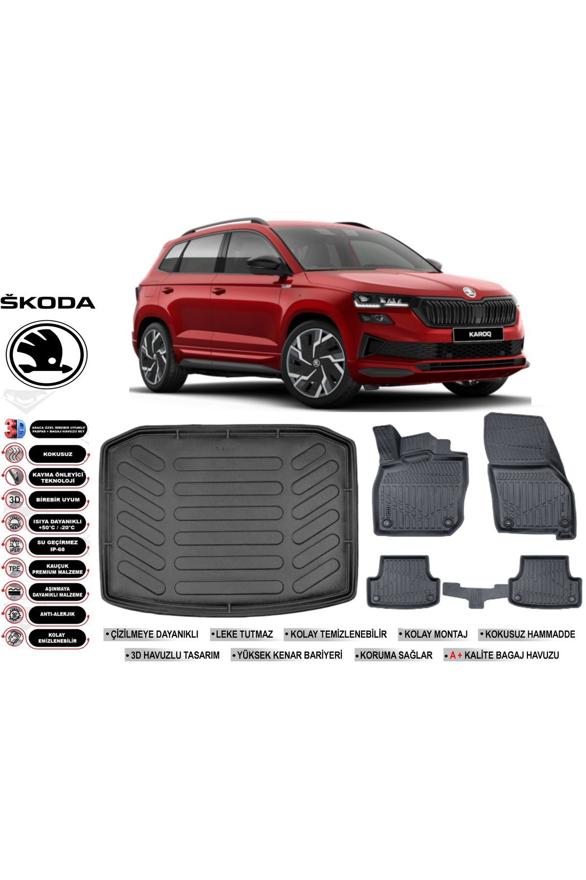 Skoda Karoq 2025 Model Bagaj Havuzu Araca Özel Siyah Havuzlu Paspas Takımı Sett