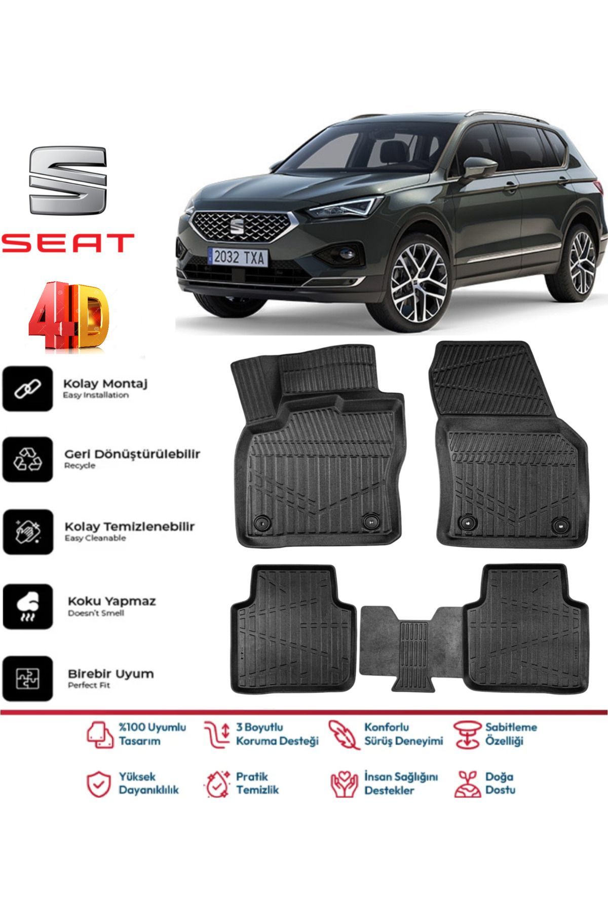 Seat Tarraco 2018 Ve Sonrası 4D Extra Havuzlu Paspas Pro Serisi Paspas Takımı Kokusuz