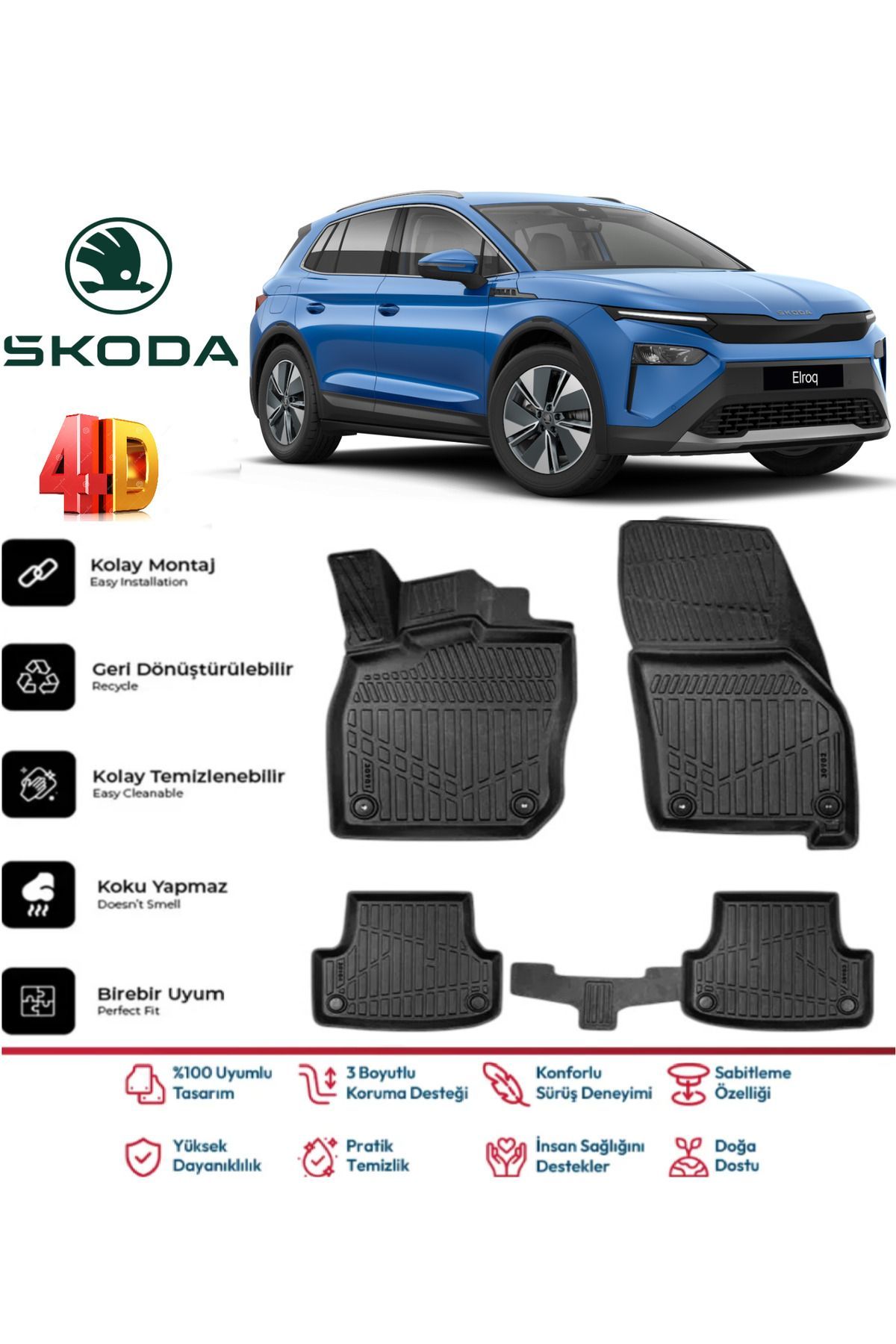 Skoda Elroq 2024 Ve Sonrası 4D Extra Havuzlu Paspas Pro Serisi Paspas Takımı Kokusuz
