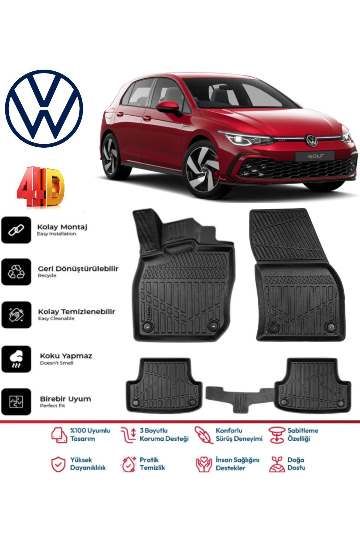 Volkswagen Golf 8 Manuel 2021 Ve Sonrası 4D Extra Havuzlu Paspas Pro Serisi Paspas Takımı Kokusuz