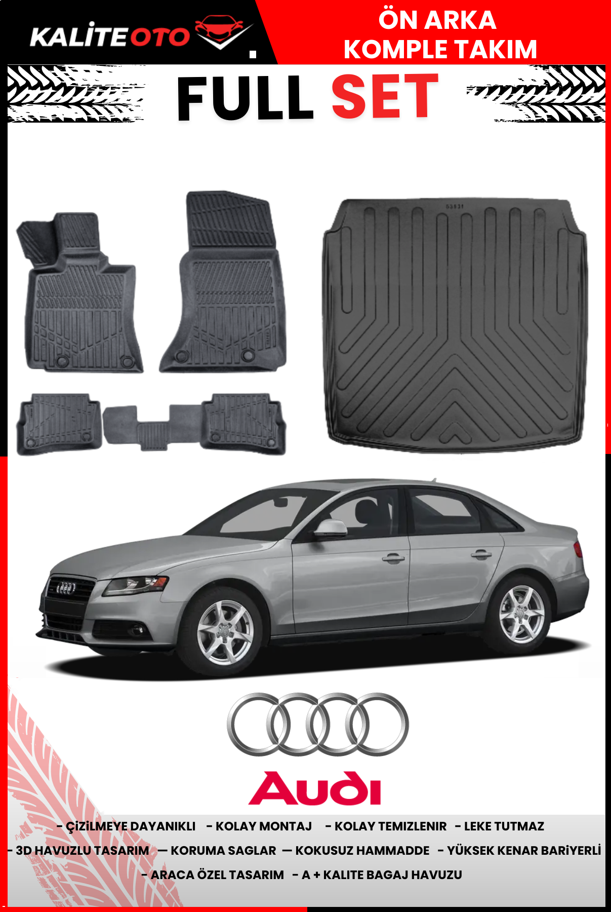 Audi A4 2008-2015 Bagaj Havuzu+4.5D Havuzlu Paspas Seti