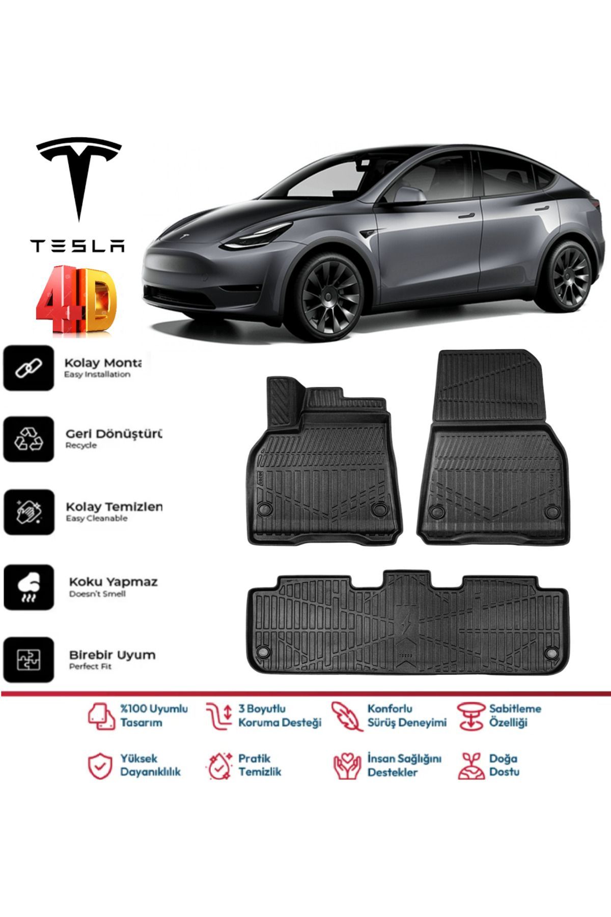 Tesla Model Y 2019 Ve Sonrası 4D Extra Havuzlu Paspas Pro Serisi Paspas Takımı Kokusuz