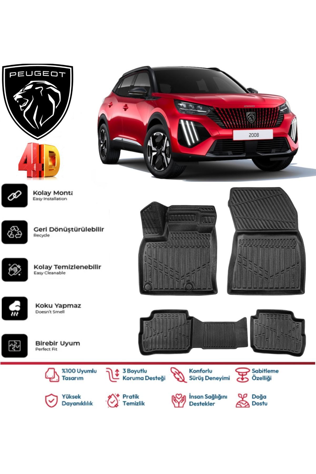 Peugeot 2008 Elektrikli 2022 Ve Sonrası 4D Extra Havuzlu Paspas Pro Serisi Paspas Takımı Kokusuz