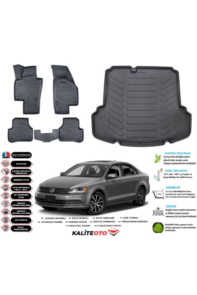 Volkswagen Jetta 2014 Model Cepli Esnek Bagaj Havuzu Araca Özel Siyah Paspas Takımı