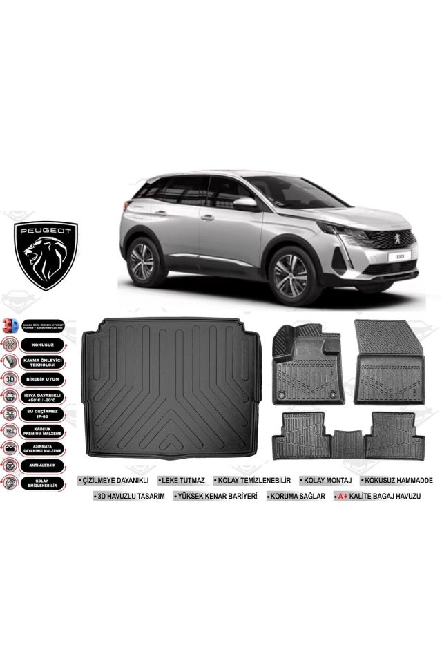 Peugeot 3008 2023 Model Alt Bagaj Havuzu Araca Özel Siyah Havuzlu Paspas Takımı Sett