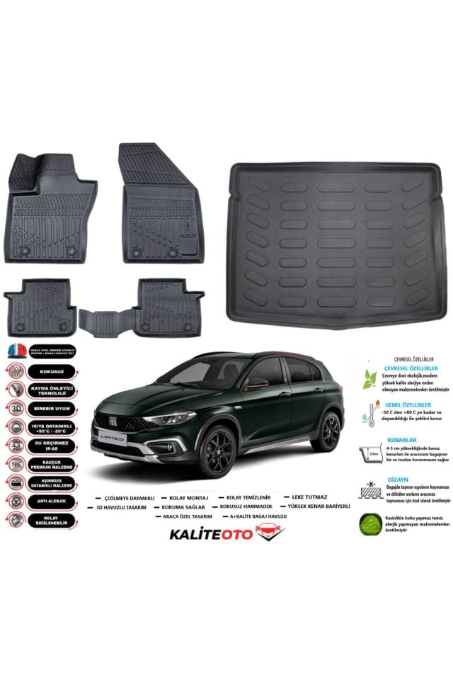 Fiat Egea Cross 2015 Uyumlu Model Stepneli Esnek Bagaj Havuzu Araca Özel Siyah Kokusuz Paspas Takımı