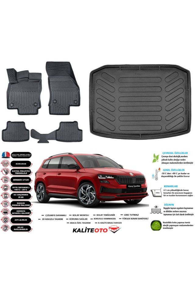 Skoda Karoq 2025 Model Esnek Bagaj Havuzu Araca Özel Siyah Paspas Takımı