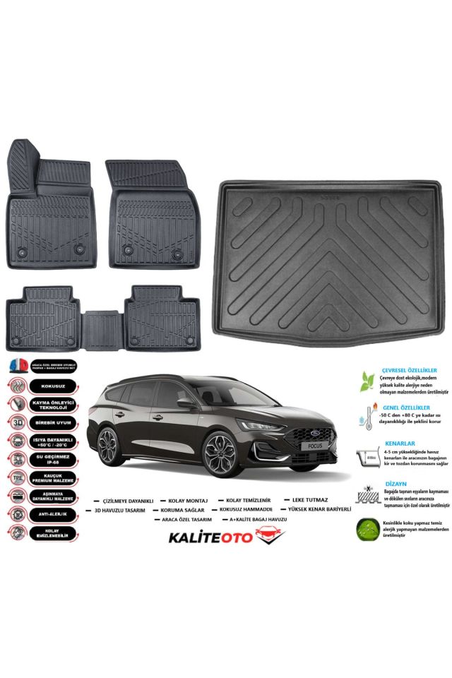 Ford Focus 5 STW 2021 Model Alt Esnek Bagaj Havuzu Araca Özel Siyah Paspas Takımı