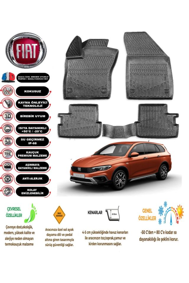 Fiat Egea Cross Vagon 2020 Model  Uyumlu 4D Araca Özel Havuzlu Kokusuz Paspas Takımı