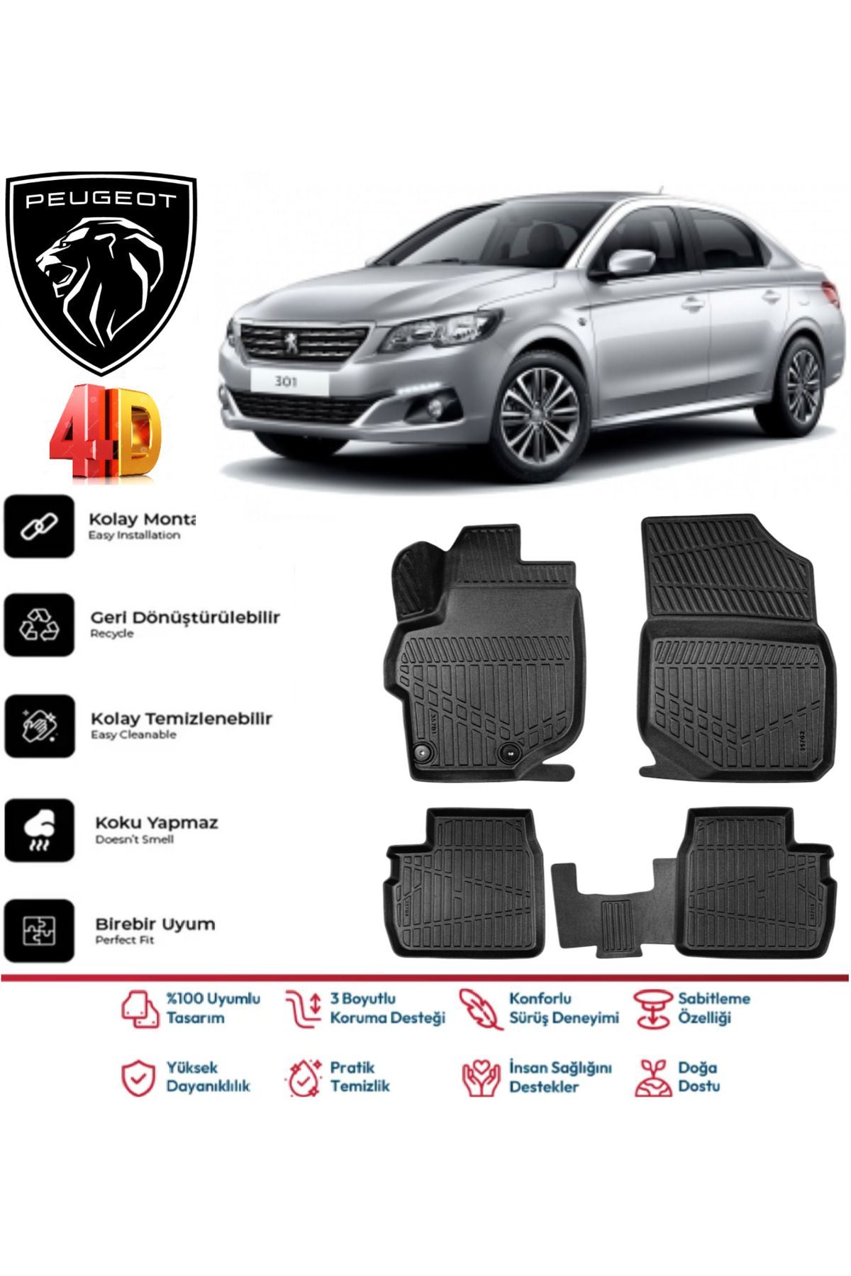 Peugeot 301 2012 Ve Sonrası 4.5D Plus Havuzlu Siyah Paspas Takımı Kauçuk