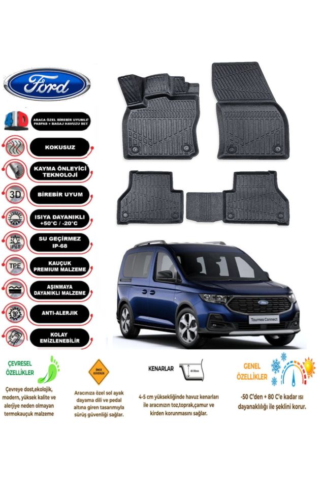Ford Connect 2024 Model 4D Araca Özel Havuzlu Paspas Takımı