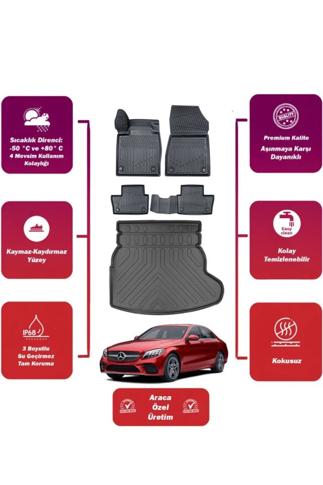 Mercedes C Serisi W205 2015 Model Rampalı Bagaj Havuzu Araca Özel Extra Havuzlu Paspas Takımı PRO