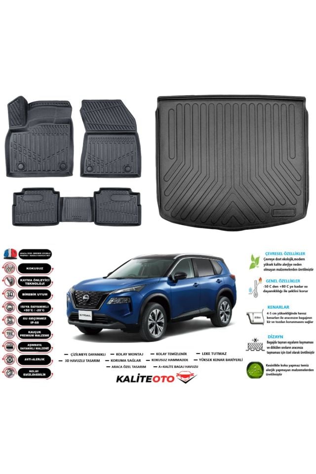 Nissan X-Trail E-Power 2024 Model Esnek Bagaj Havuzu Araca Özel Siyah Paspas Takımı