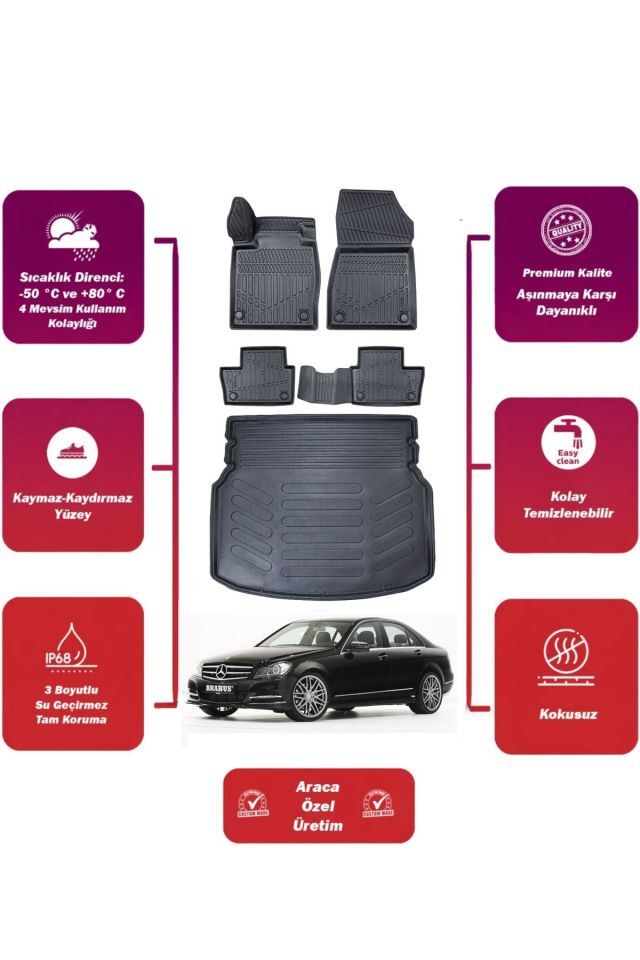 Mercedes C Serisi W204 2014 Model Rampalı Bagaj Havuzu Araca Özel Extra Havuzlu Paspas Takımı MAXİ