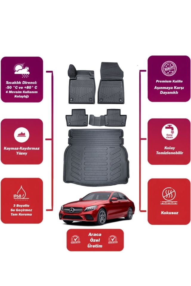 Mercedes C Serisi 2015 Model Rampalı Kulaklı Bagaj Havuzu Araca Özel Extra Havuzlu Paspas Takımı