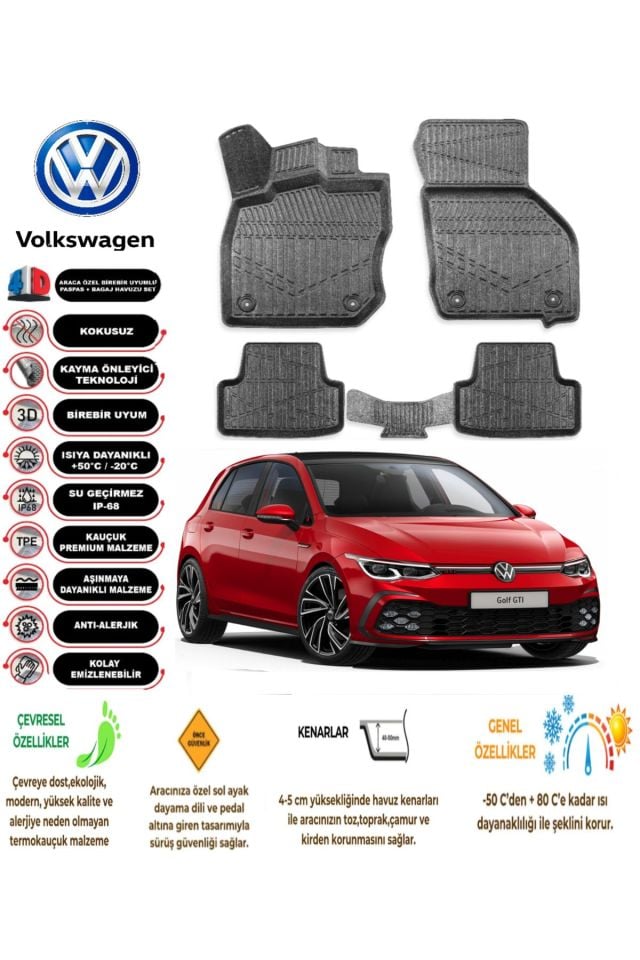 Volkswagen Golf 8 Otamatik 2021 Model 4D Araca Özel Havuzlu Paspas Takımı