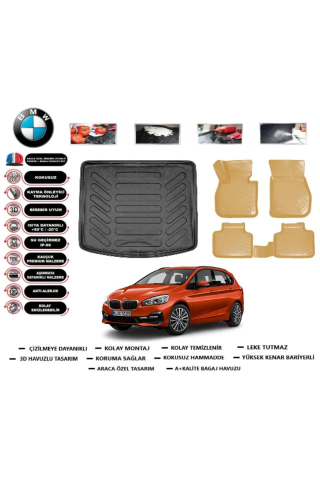 Bmw 2 serisi Active Tourer 2020 Model Bagaj Havuzu+Araca Özel Bej Paspas Takımı Flex