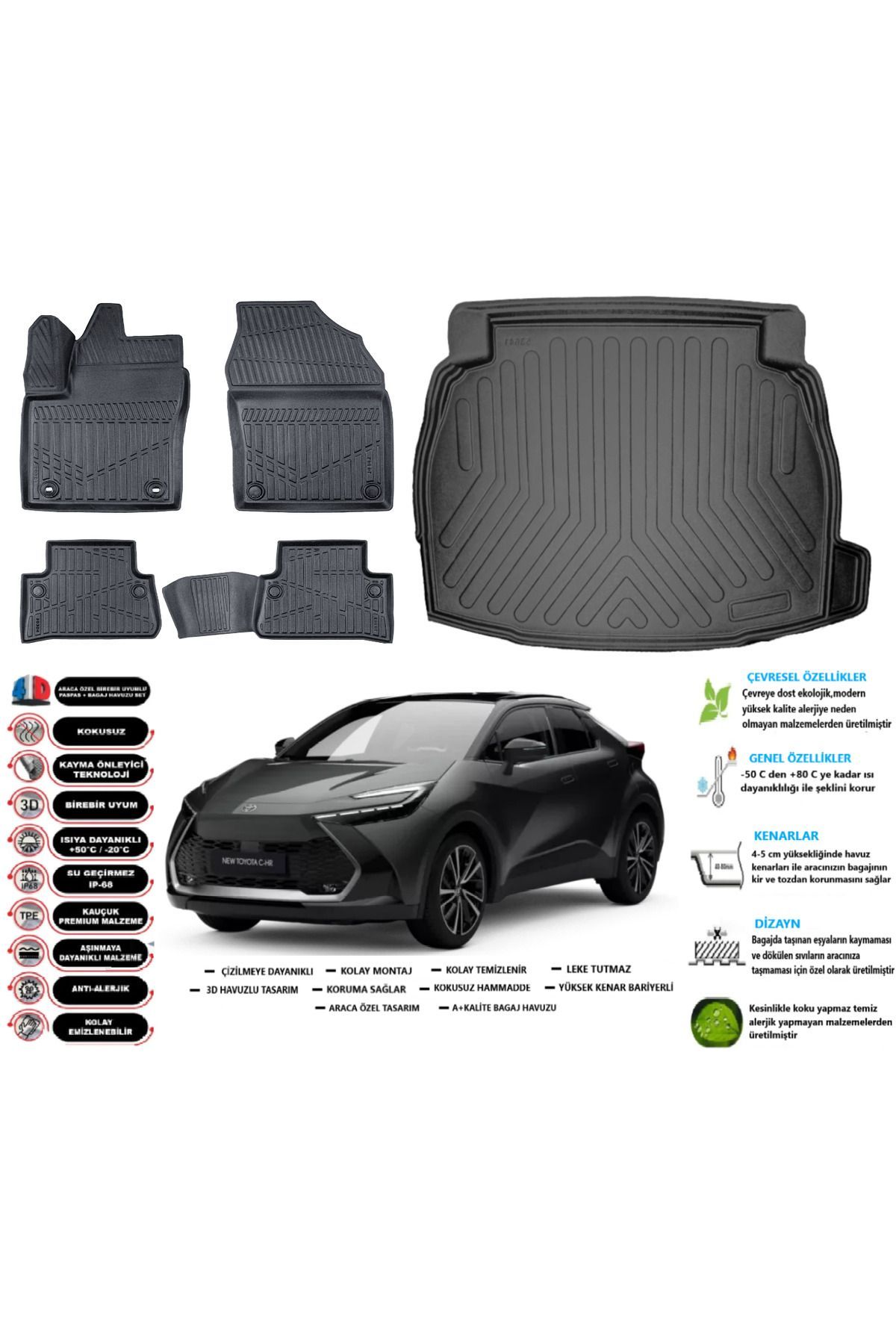 Toyota C-HR 2025 Model Ses Sistemli Esnek Bagaj Havuzu Araca Özel Siyah Paspas Takımı