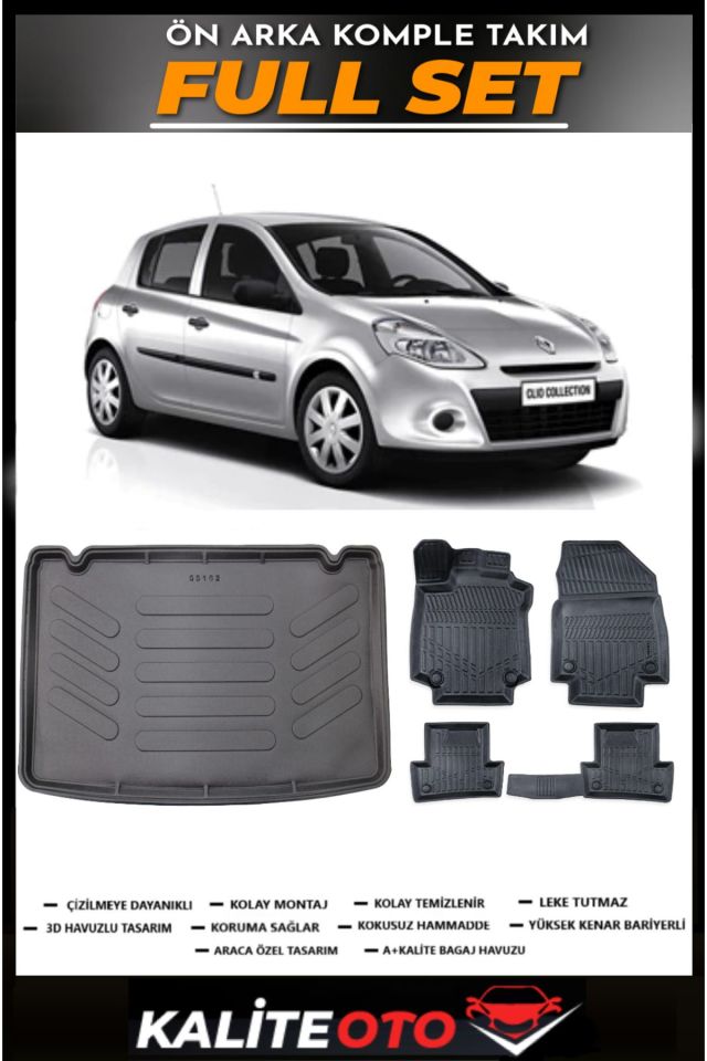 Renault Clio 3 Kancalı Bagaj Havuzu+4.5D Havuzlu Paspas Seti 2007 Model