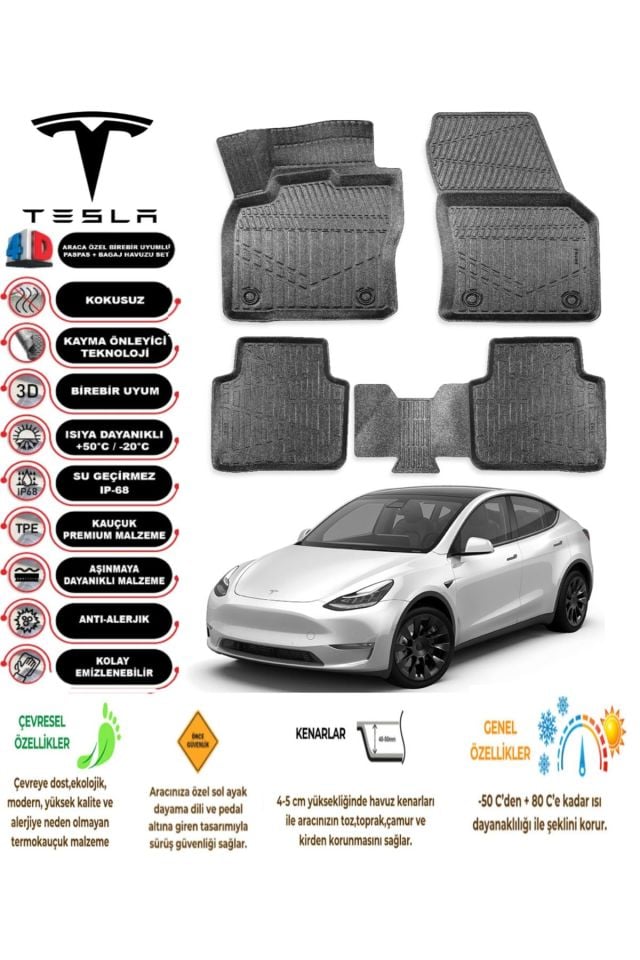 Tesla Model Y 2023 Model 4D Araca Özel Havuzlu Paspas Takımı