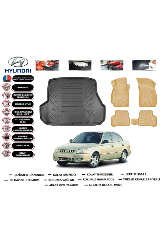 Hyundai Accent 1996 Model Bagaj Havuzu+Araca Özel Bej Paspas Takımı Flex