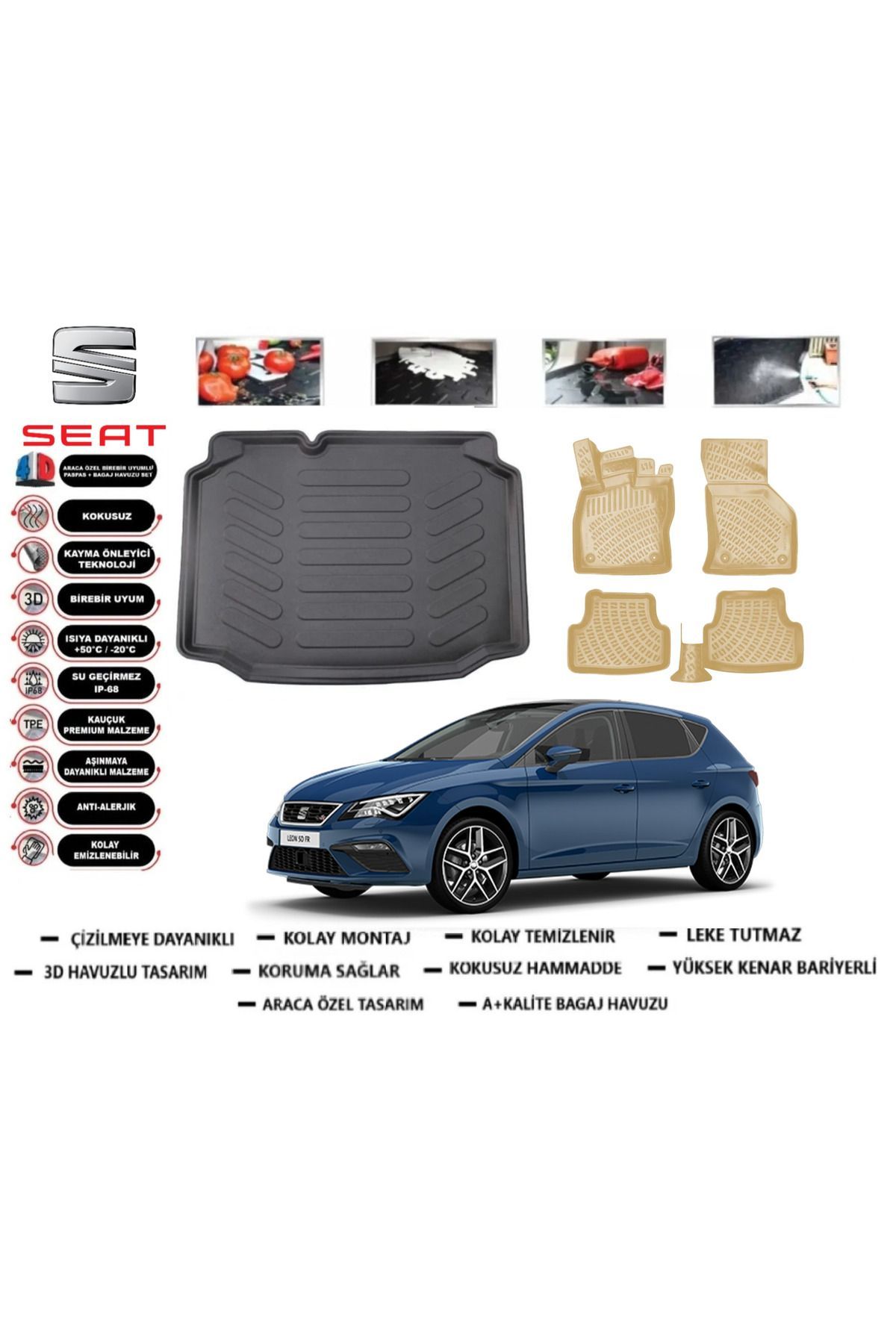 Seat Leon 2012 Model Bagaj Havuzu+Araca Özel Bej Paspas Takımı Flex