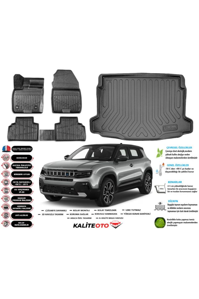 Jeep Avanger Elektrikli 2025 Model Üst Esnek Bagaj Havuzu Araca Özel Siyah Paspas Takımıq