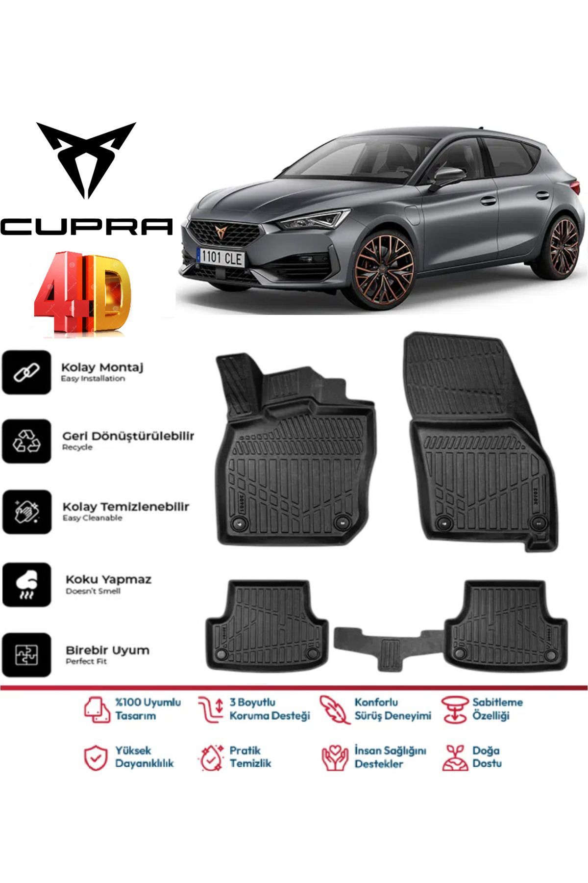 Cupra Leon 2023 Ve Sonrası 4.5D Plus Havuzlu Siyah Paspas Takımı Kauçuk