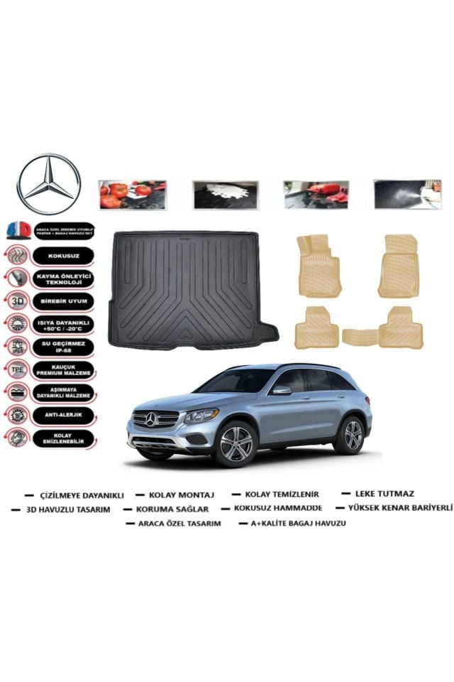 Mercedes GLC SUV 2020 Model Bagaj Havuzu+Araca Özel Bej Paspas Takımı Flex
