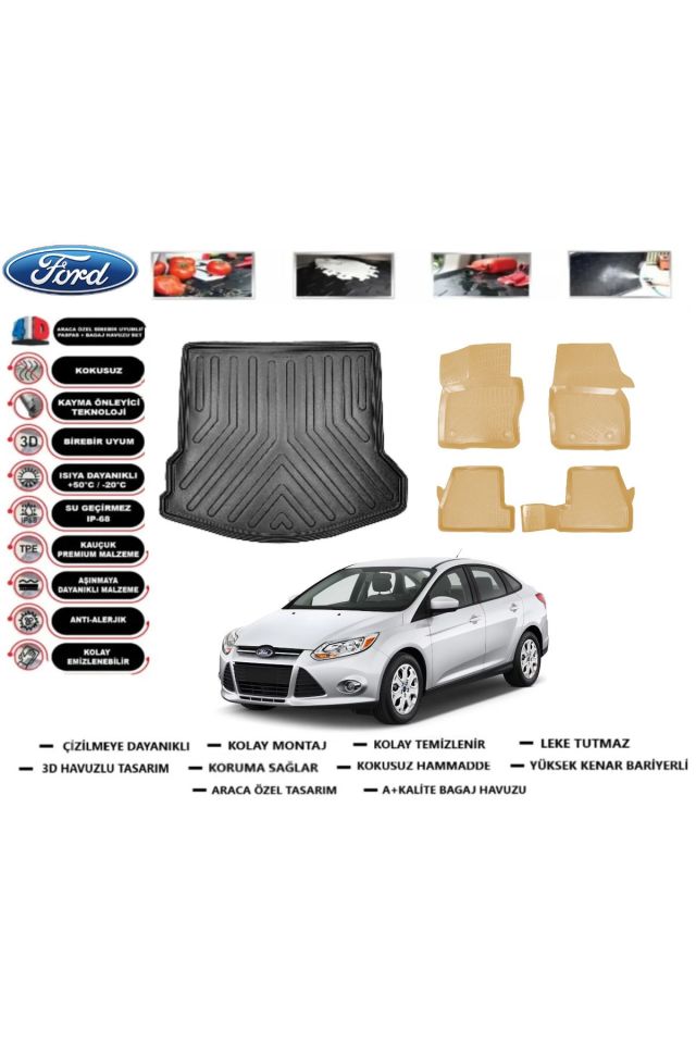 Ford Focus 3 Sedan 2012 Model Bagaj Havuzu+Araca Özel Bej Paspas Takımı Flex