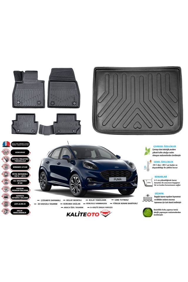 Ford Puma 2019 Model Üst Esnek Bagaj Havuzu Araca Özel Siyah Paspas Takımı