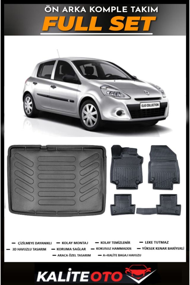 Renault Clio 3 Kancasız Bagaj Havuzu+4.5D Havuzlu Paspas Seti 2010 Model