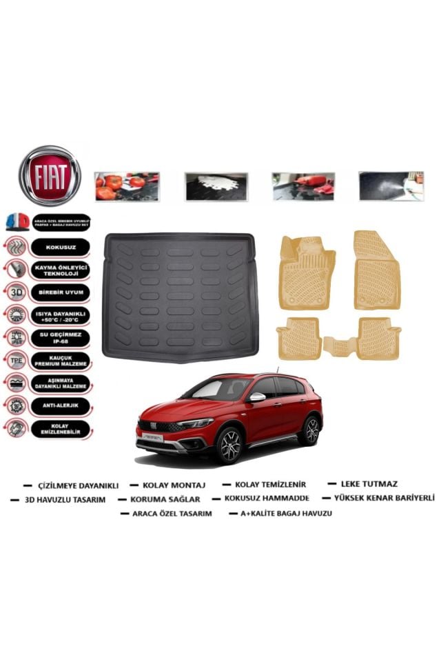 Fiat Egea Cross 2021 Model  uyumlu Stepneli Bagaj Havuzu+Araca Özel Bej Paspas Takımı Flex