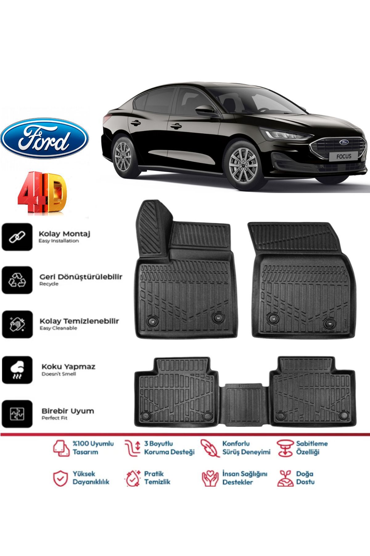 Ford Focus 5 2019 Ve Sonrası 4.5D Plus Havuzlu Siyah Paspas Takımı Kauçuk