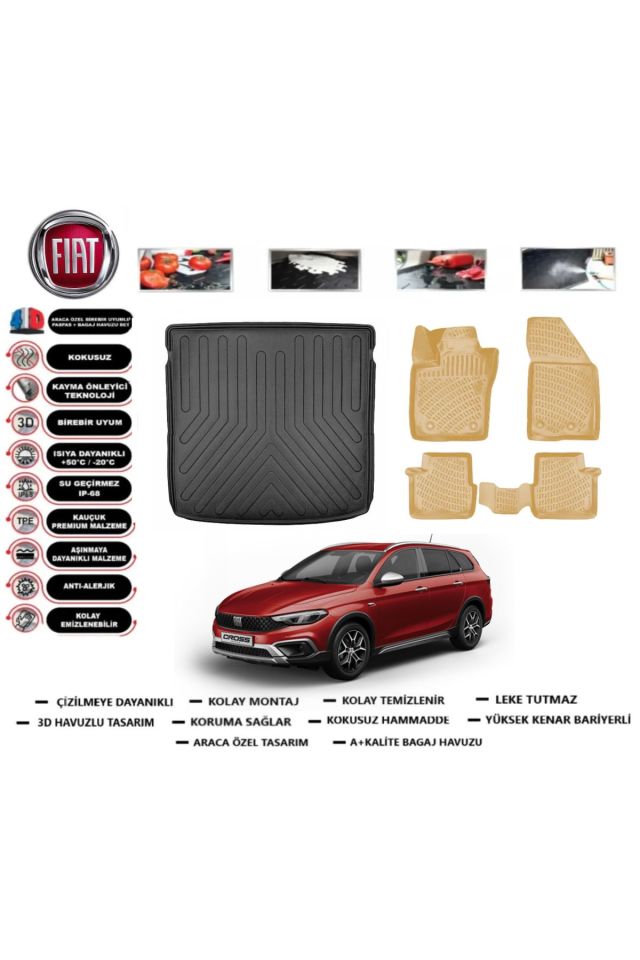 Fiat Egea Cross Wagon 2023 Model Üst Bagaj Havuzu+Araca Özel Bej Paspas Takımı Flex