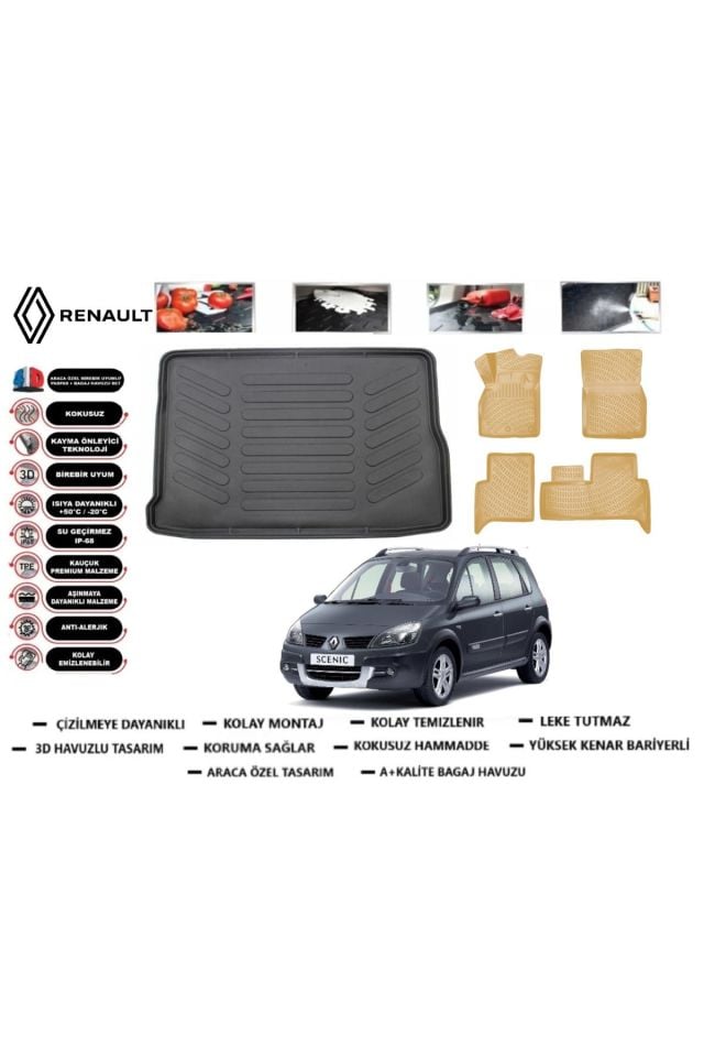 Renault Scenic 2 2006 Model Bagaj Havuzu+Araca Özel Bej Paspas Takımı Flex