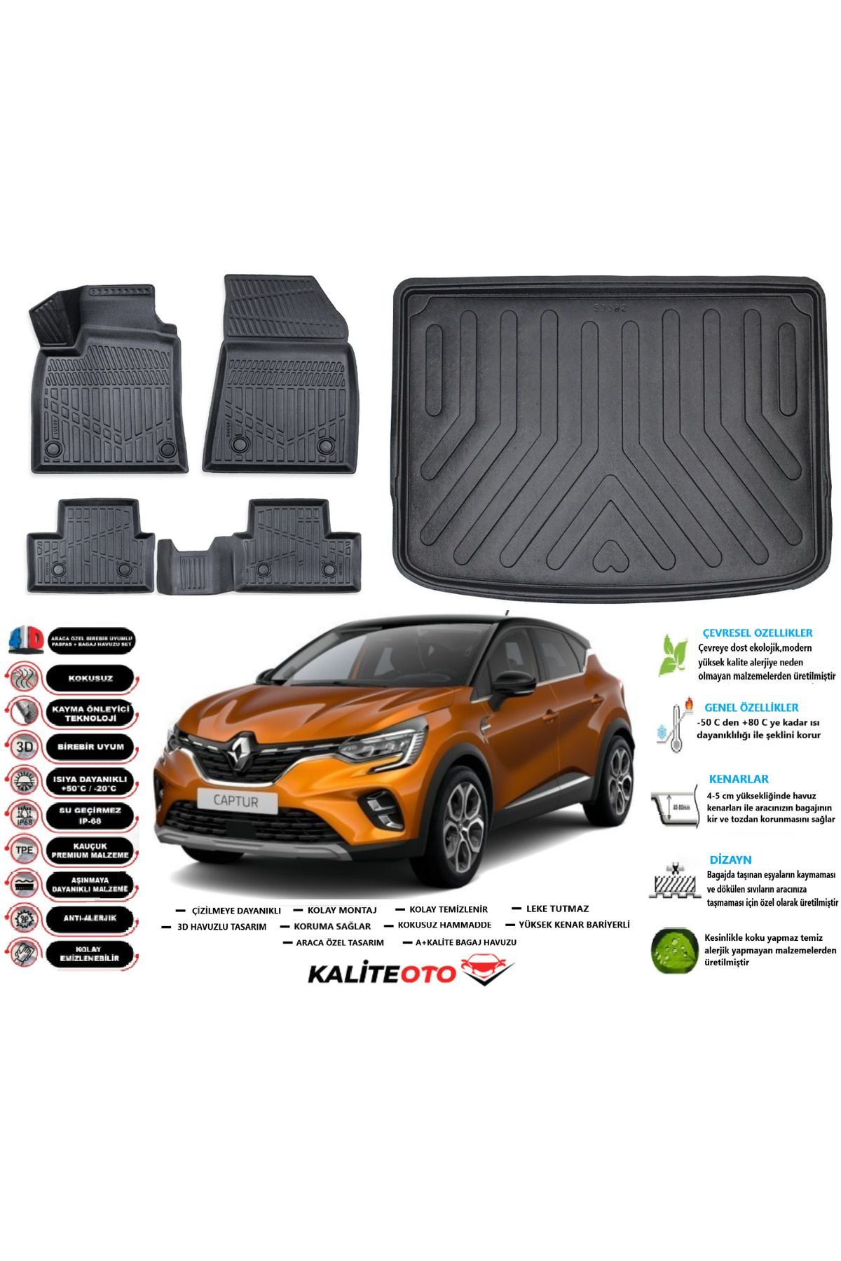 Renault Captur 2025 Model Üst Esnek Bagaj Havuzu Araca Özel Siyah Paspas Takımı