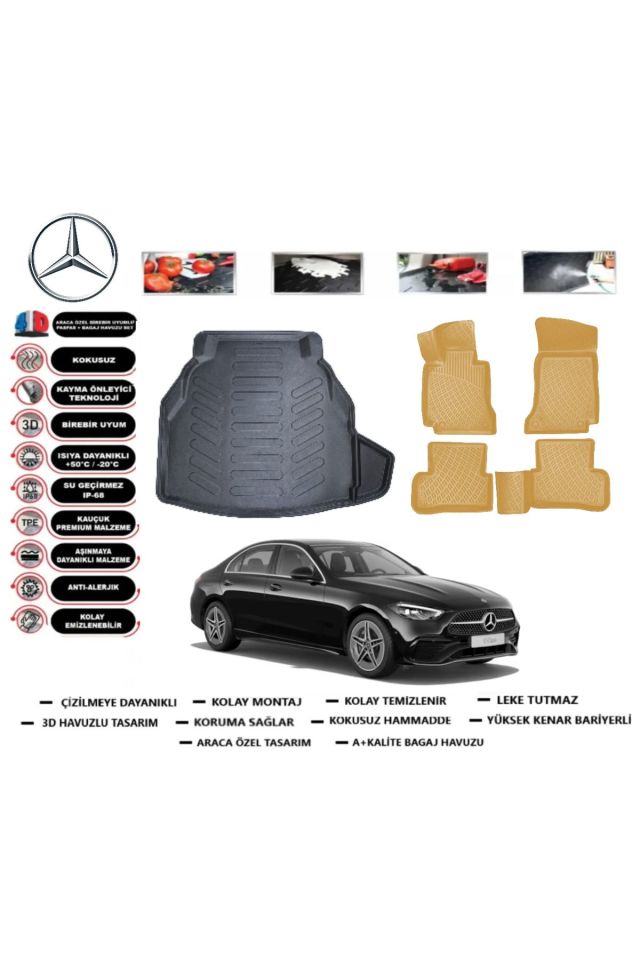 Mercedes C Serisi W205 2017 Model Plastik Setli Bagaj Havuzu+Araca Özel Bej Paspas Takımı Flex