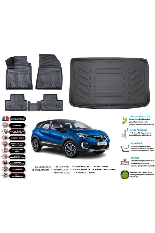 Renault Captur 2019 Model Esnek Bagaj Havuzu Araca Özel Siyah Paspas Takımı